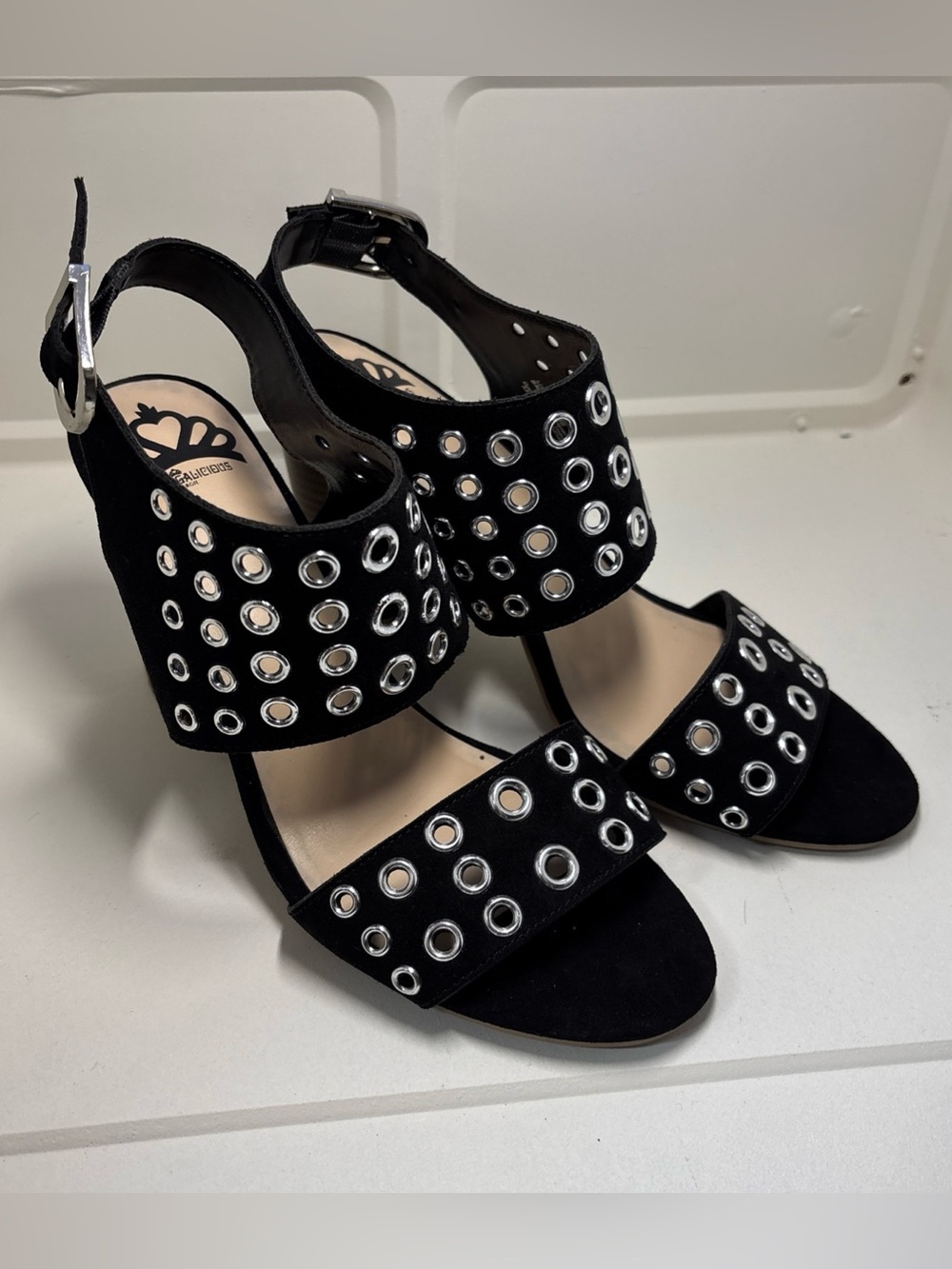 Fergalicious Black Suede Grommet Ankle Strap Heels